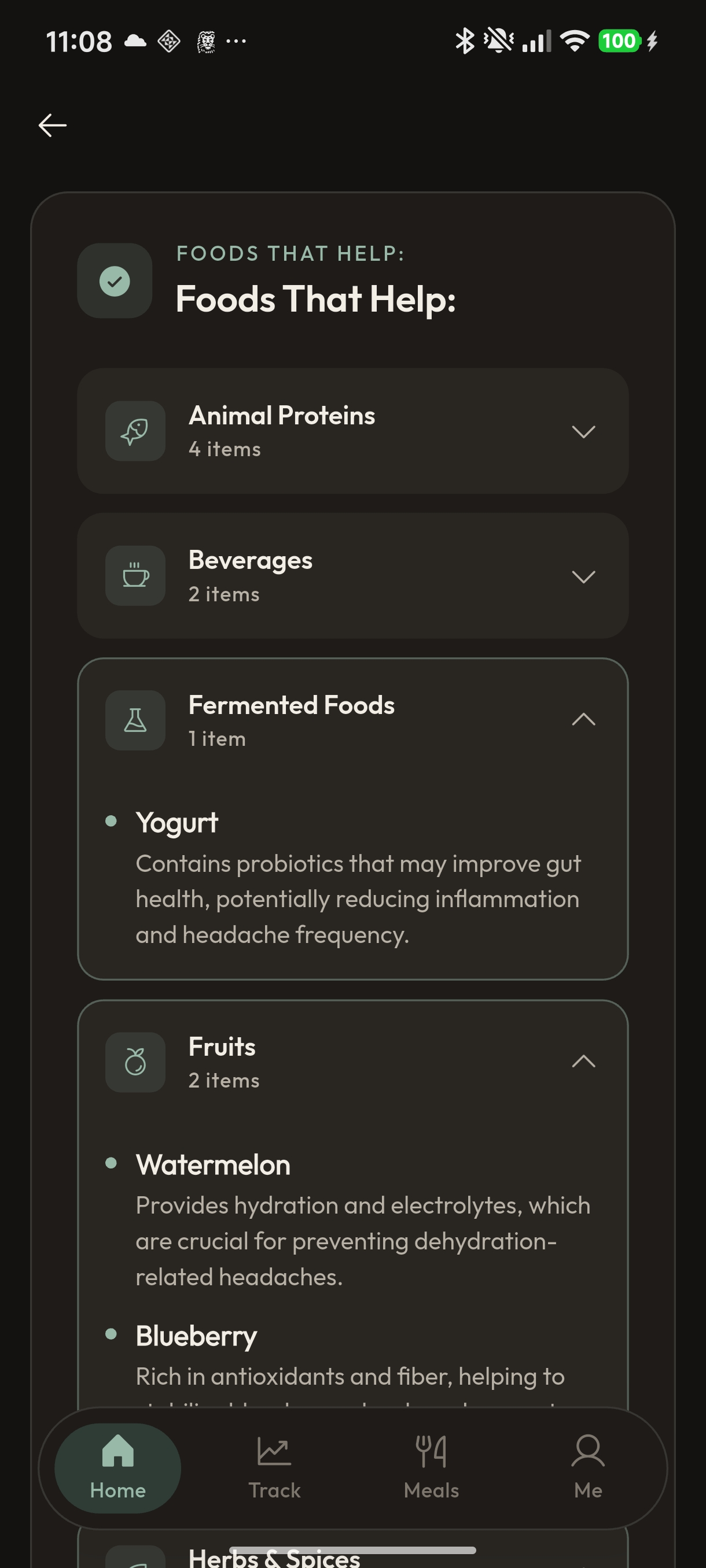 Foods that help section with grouped items