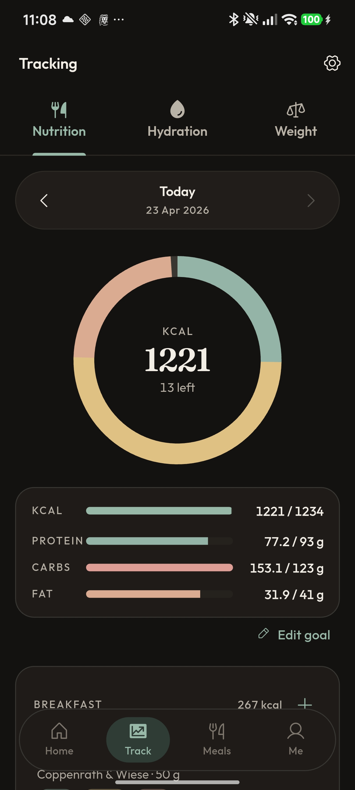 Tracking view with calorie ring and macros